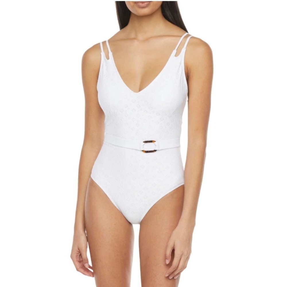 Mynah White One Piece Swimsuit Pointelle Eyelet Belted V-Neck Scoop Back XS NWT